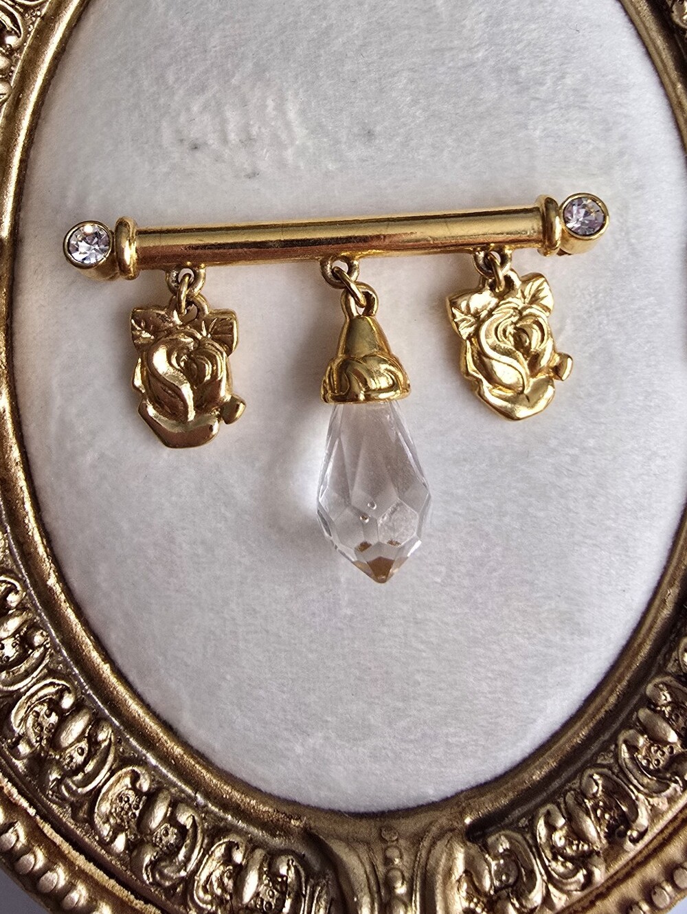Vinrtage Liz Claiborne Gold Tone Rose Charm Bar Brooch with Clear Crystal Drop